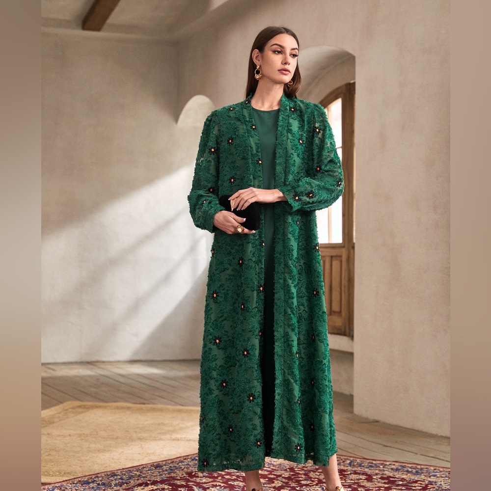 Green abaya set size L with sleeveless dress and topcoat floral abaya